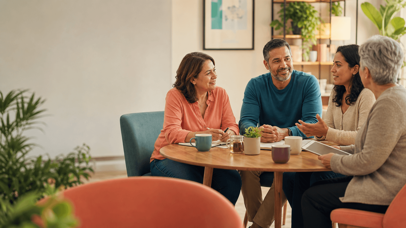 Patients and caregivers talking in a warm support space